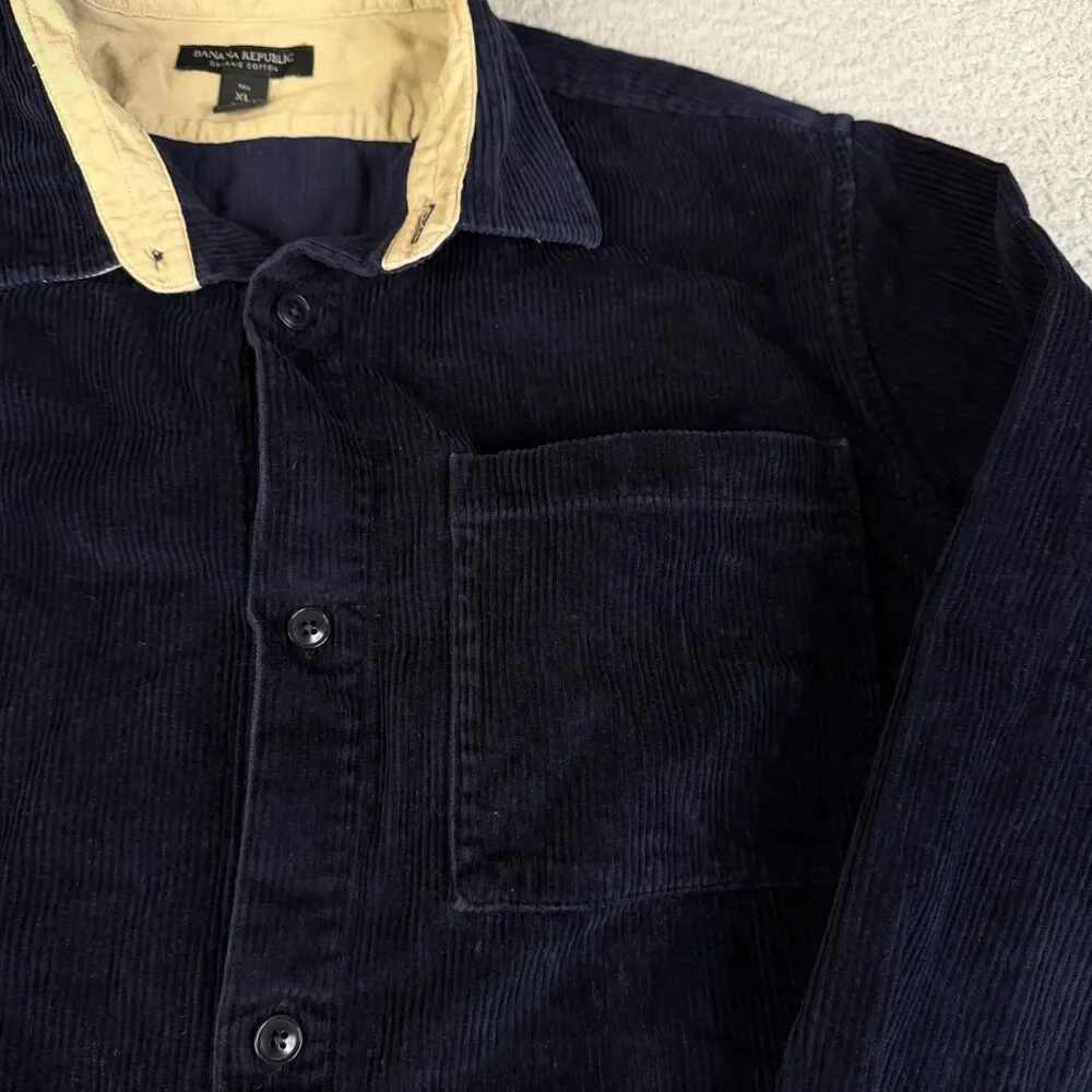 BANANA REPUBLIC Corduroy Shirt Mens XLT Blue Wide Whale Button Organic Cotton